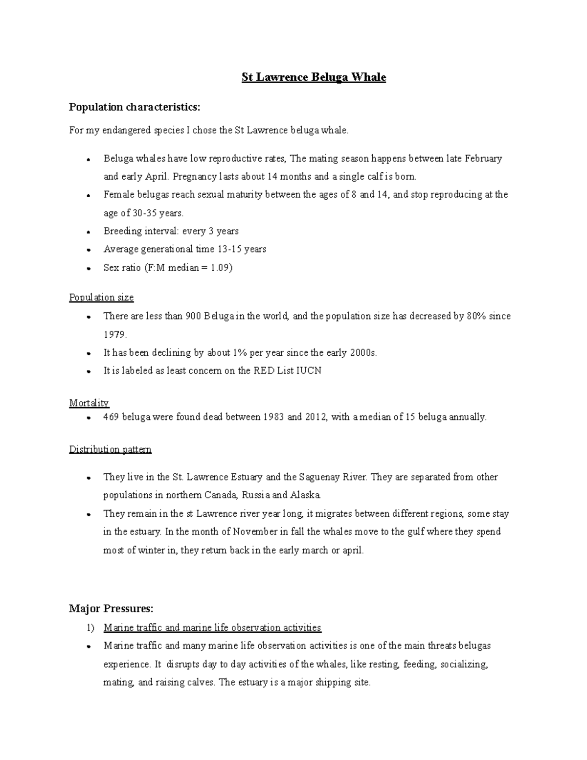 Research - St Lawrence Beluga Whale Population characteristics: For my