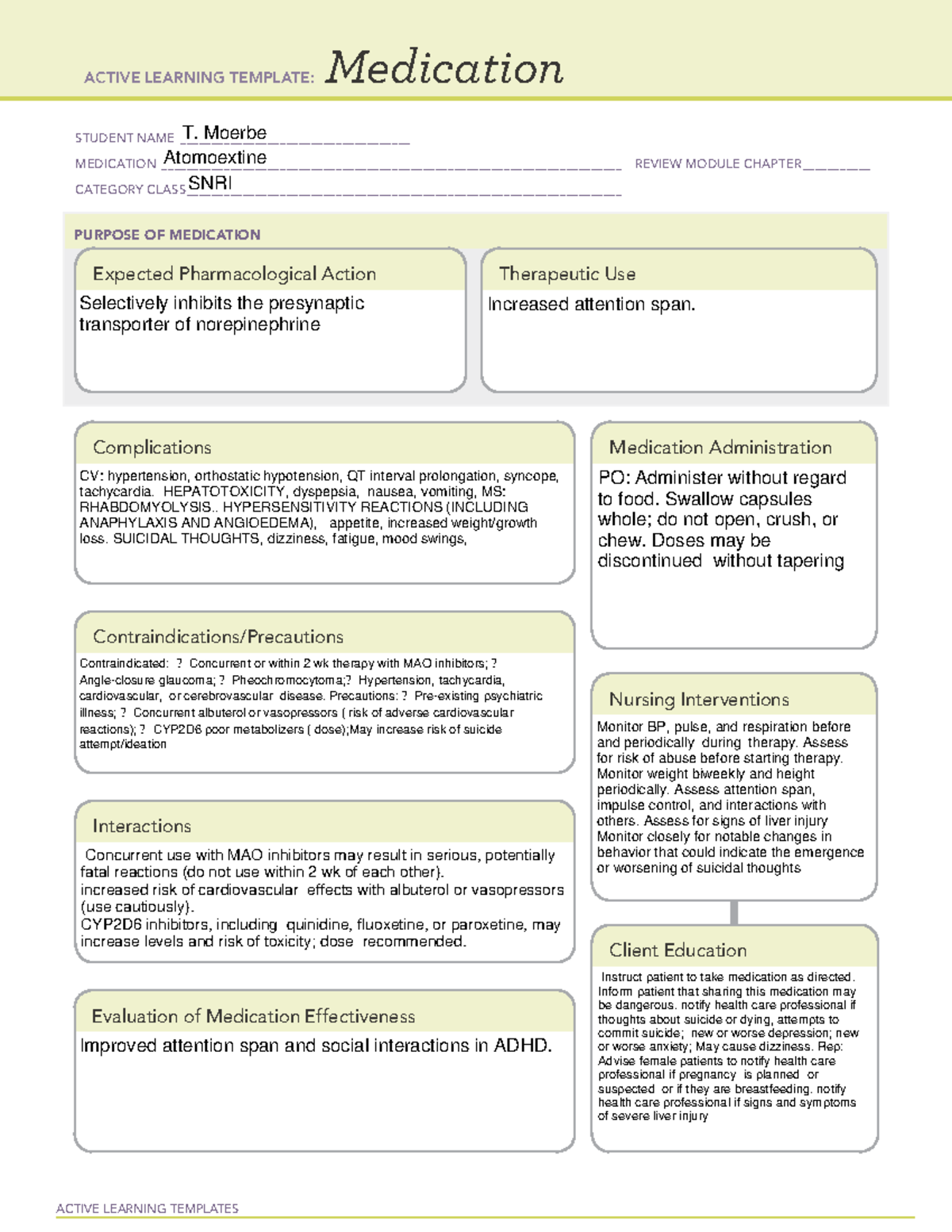 Atomoxetine - Lecture notes 1 - ACTIVE LEARNING TEMPLATES Medication ...