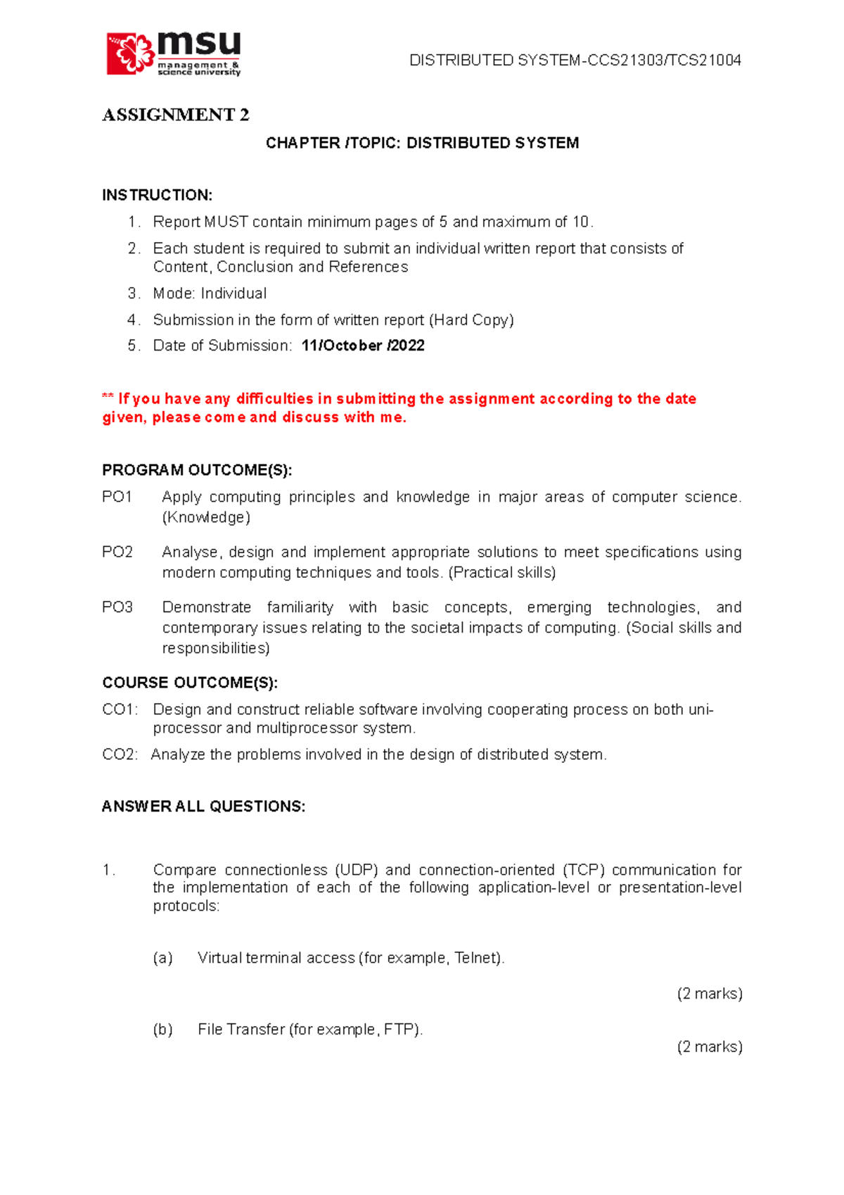 Assignment 2 SEPT-2022 - ASSIGNMENT 2 CHAPTER /TOPIC: DISTRIBUTED ...