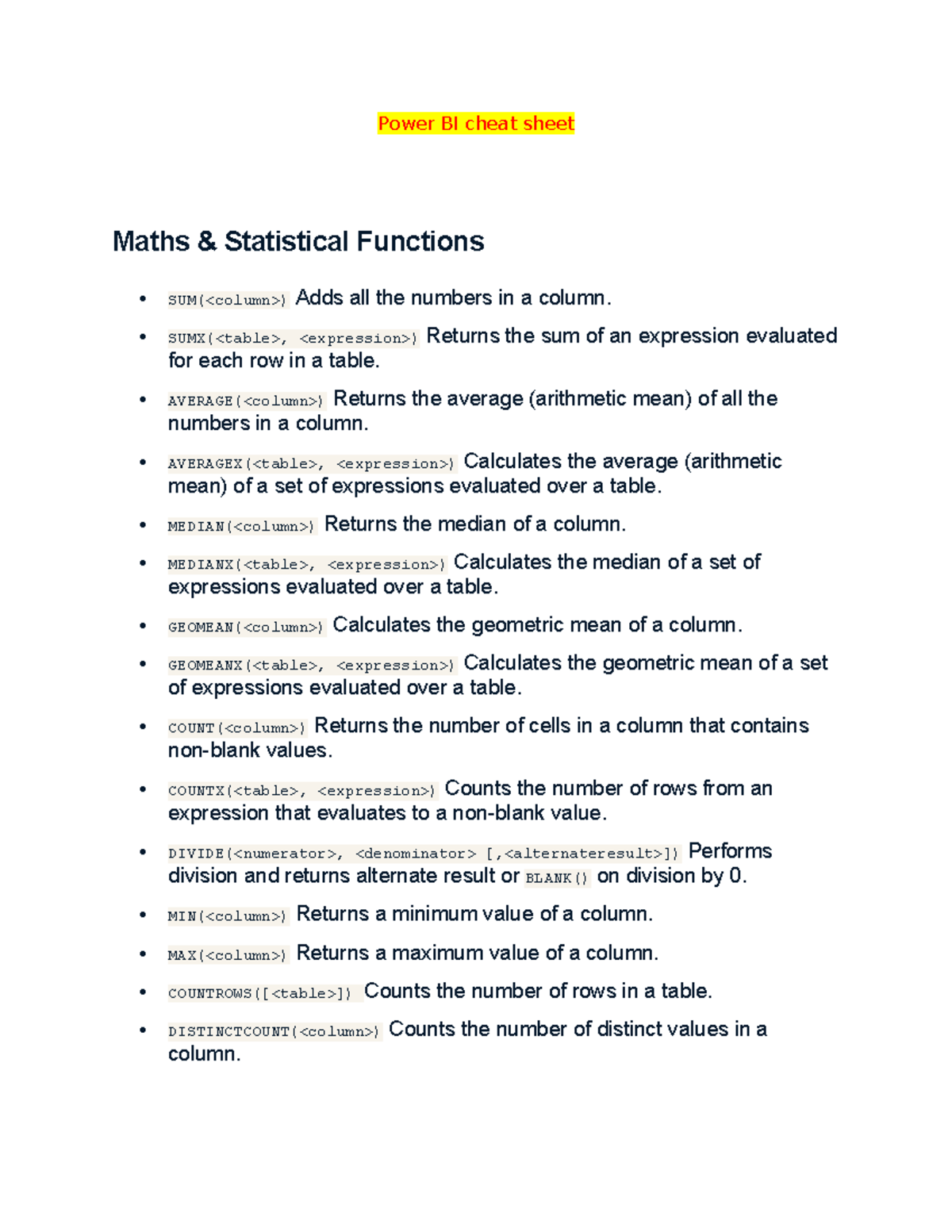 Power BI cheat sheet - Power BI cheat sheet Maths & Statistical ...