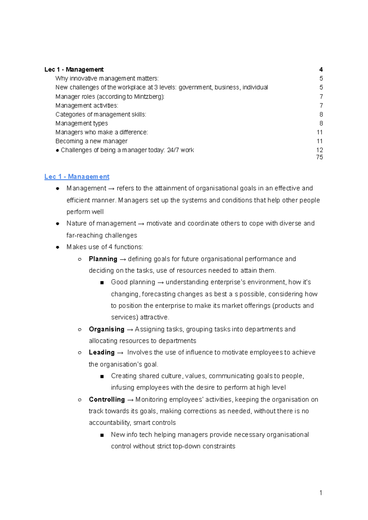 WORK1004 Week 1 Module Lect reading notes - Lec 1 - Management 4 Why ...