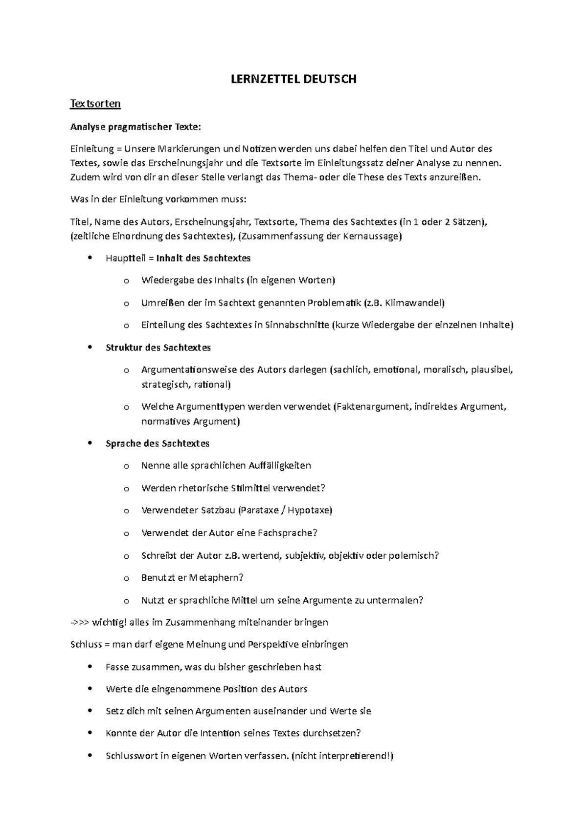 Analyse Pragmatischer Texte Beispiel Lernzettel Deutsch - LERNZETTEL DEUTSCH Textsorten Analyse