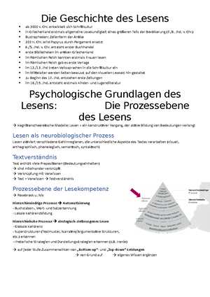 Zusammenfassung Thema Lesen, Lesekompetenz usw. Examen - LESEN Die ...