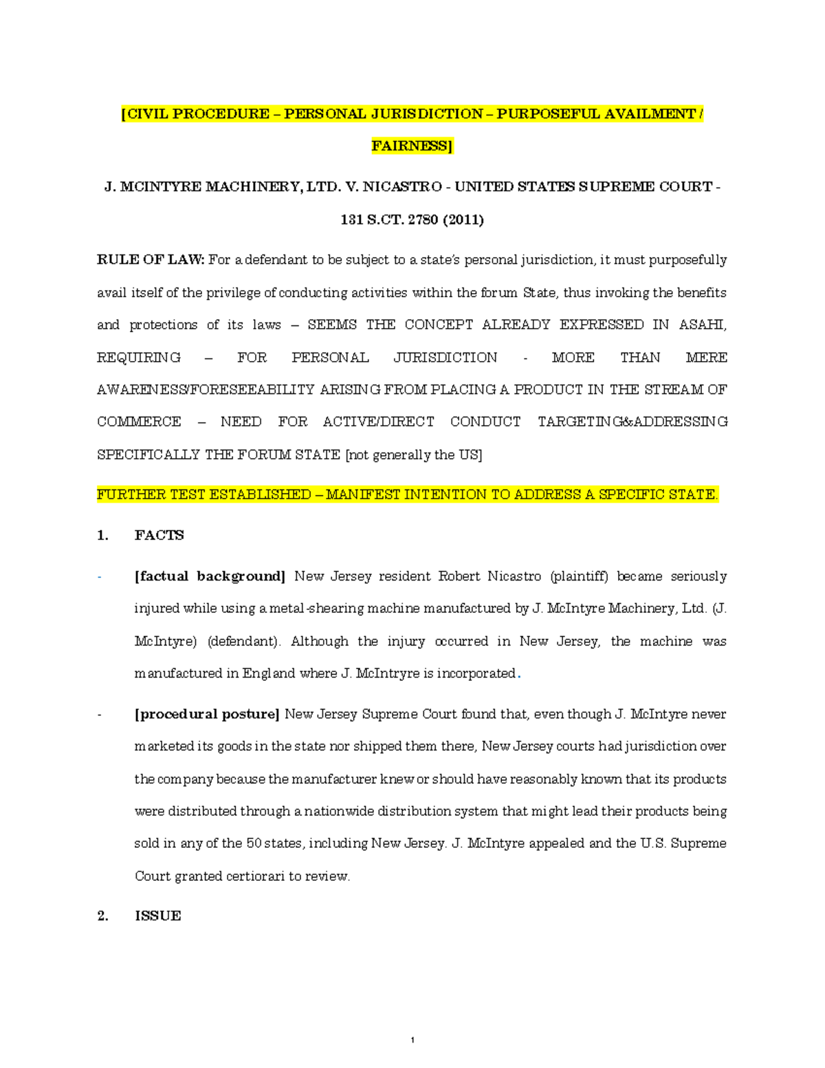 CIV PRO Mcintyre v. Nicastro (no majority) [CIVIL PROCEDURE PERSONAL JURISDICTION
