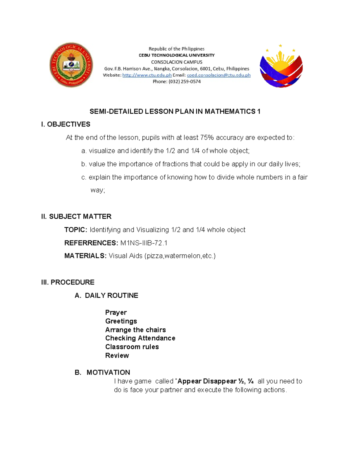 Lesson PLAN IN MATH - SEMI-DETAILED LESSON PLAN IN MATHEMATICS 1 I ...