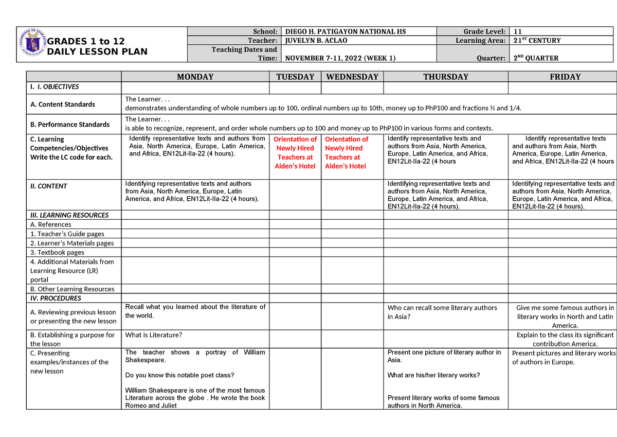 Weekly DLP English - GRADES 1 to 12 DAILY LESSON PLAN School: DIEGO H ...