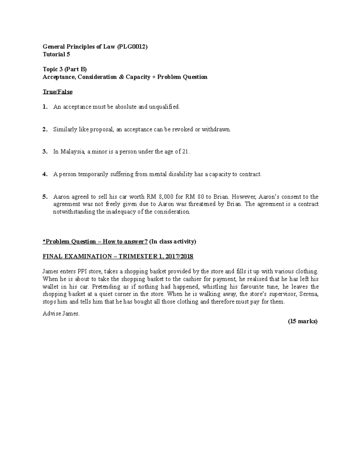 Tutorial 5 Topic 3 PART B General Principles Of Law PLG0012