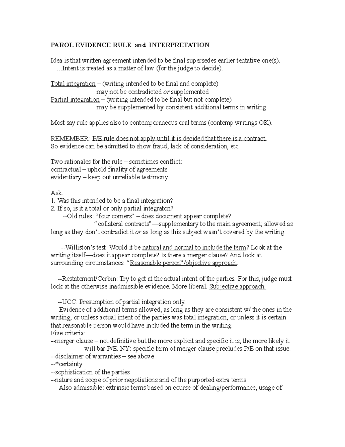 Contracts Law Outline - 3 - PAROL EVIDENCE RULE and INTERPRETATION Idea ...