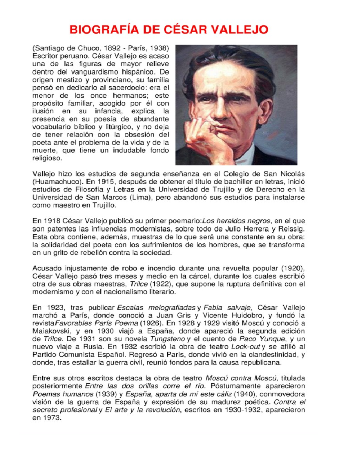 Biografia De Cesar Vallejo - Ciencia Naturales - Studocu