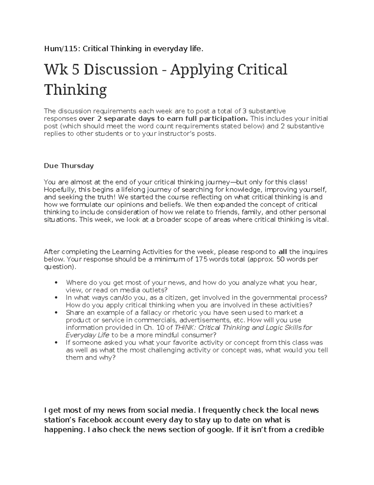 week 5 discussion applying critical thinking