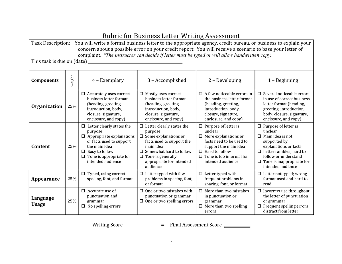 Business Letter Writing Rubric Rubric For Business Letter Writing Assessment Task 9119