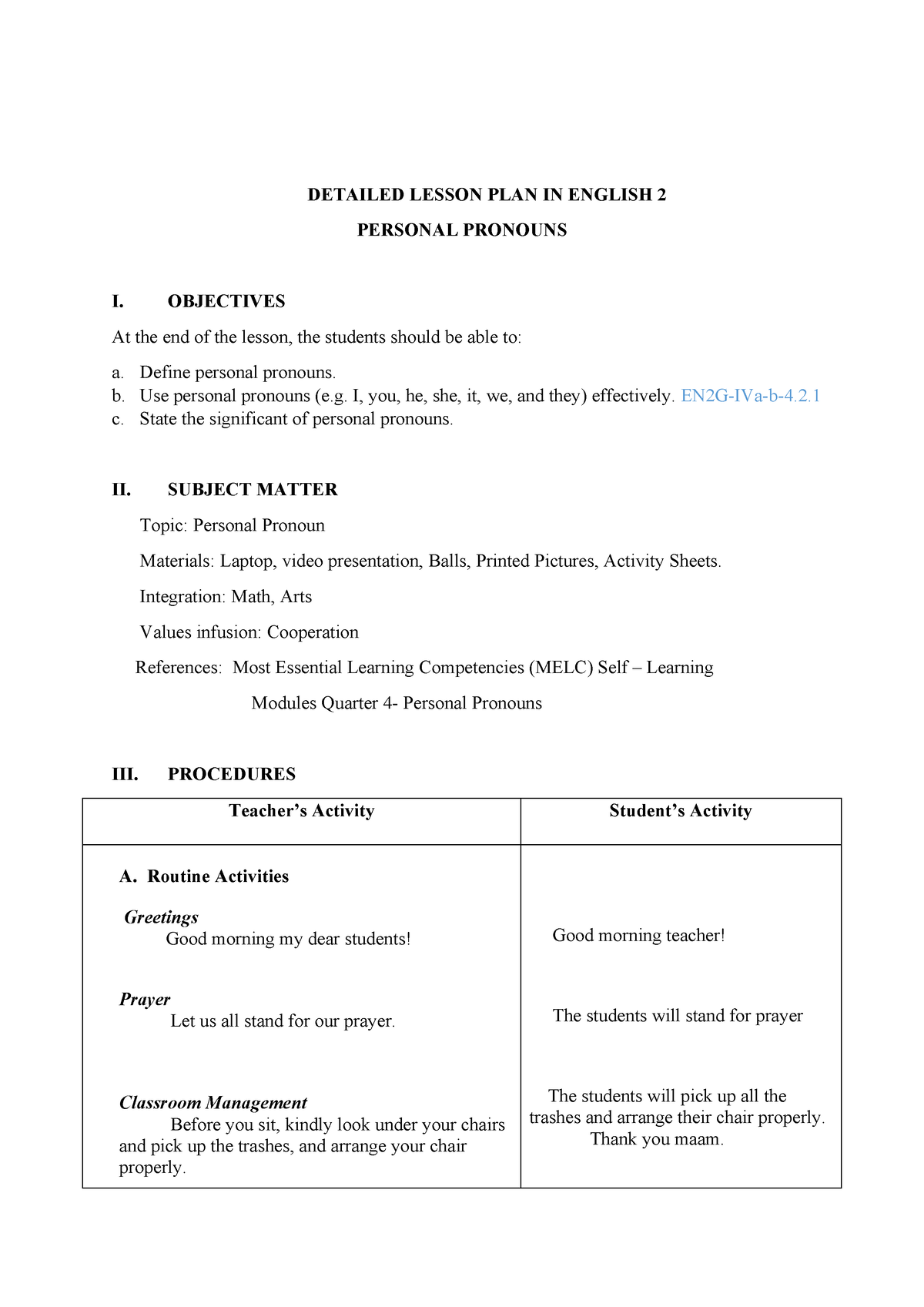 Detailed lesson plan in english 2 personal pronouns i objectives Compress DETAILED LESSON PLAN 