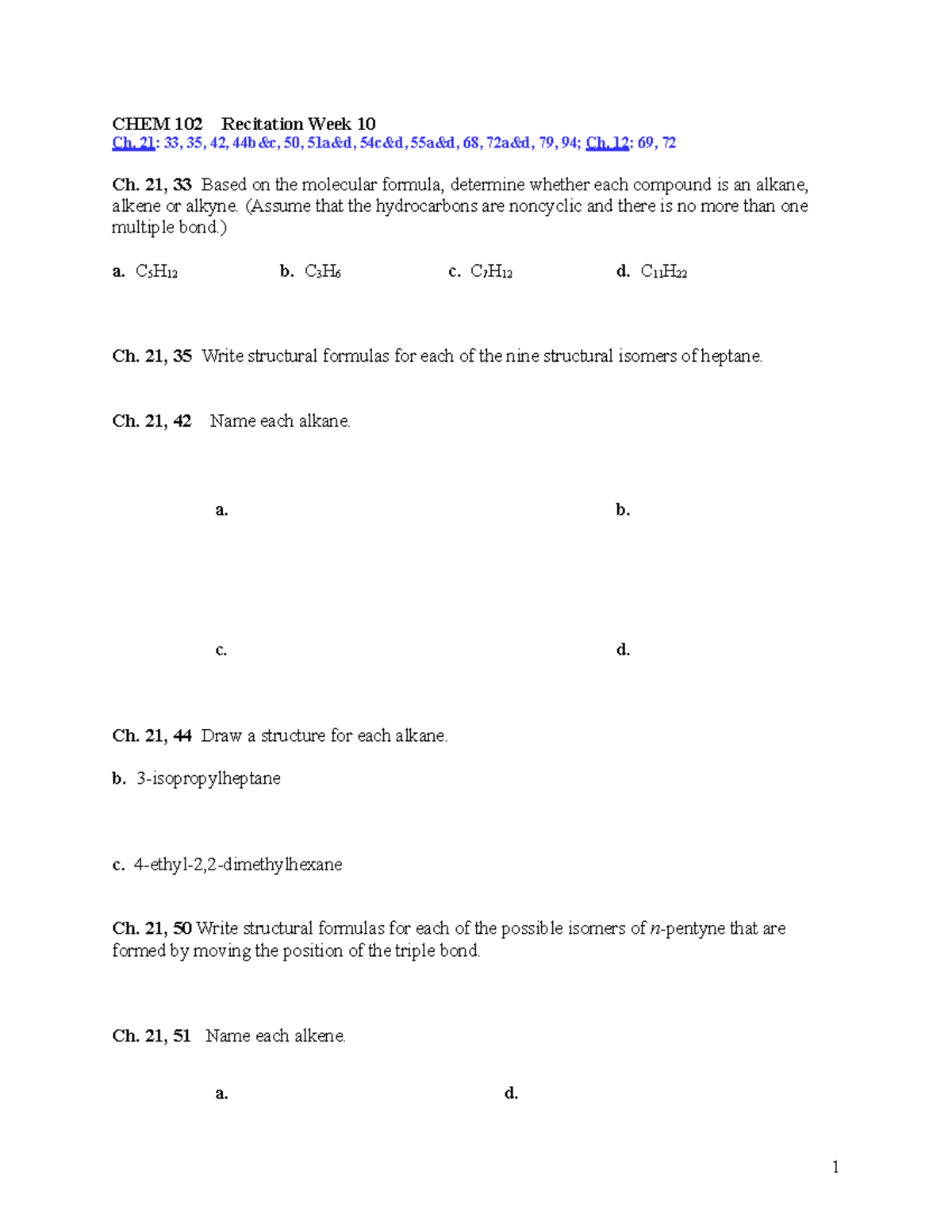 CHEM 102 Week 10 Wi22 - Recitation Worksheet w/ concepts and practice ...
