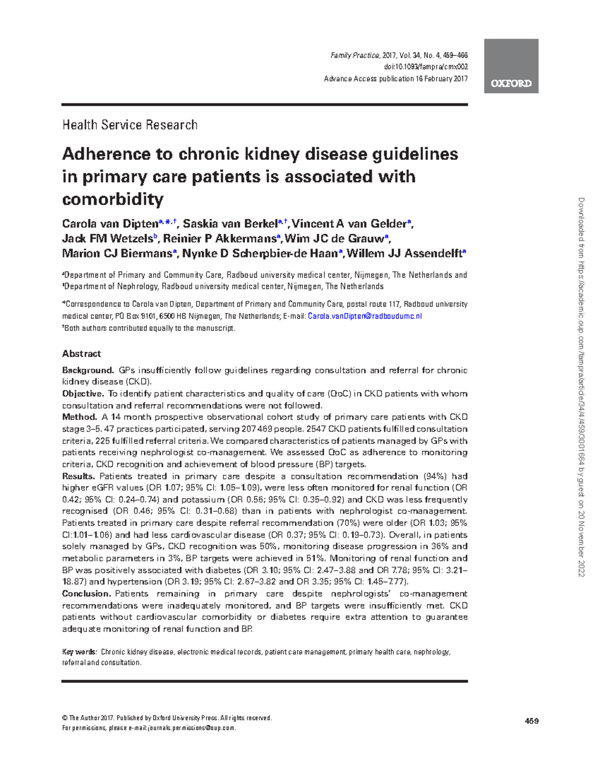 Adherence to chronic kidney disease guidelines © The Author 2017. Published by Oxford