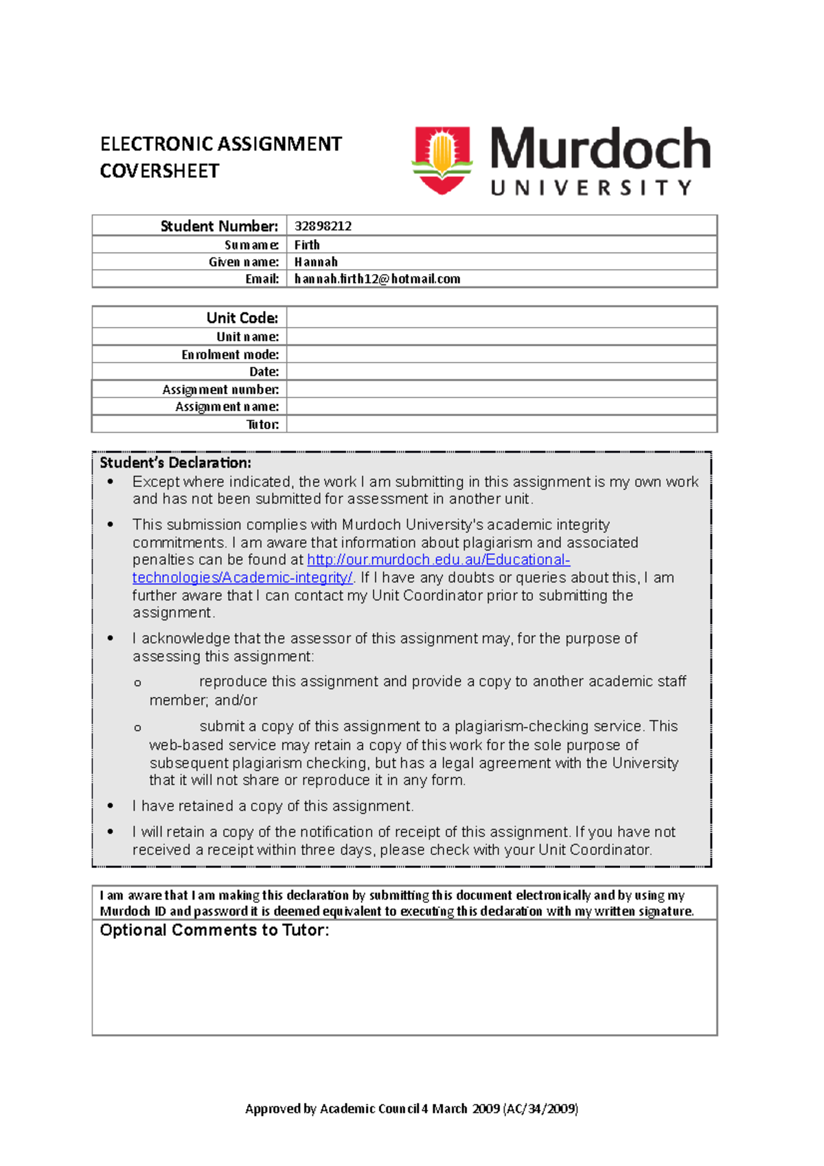 Assignment 1 BIO249 - ELECTRONIC ASSIGNMENT COVERSHEET Student Number ...