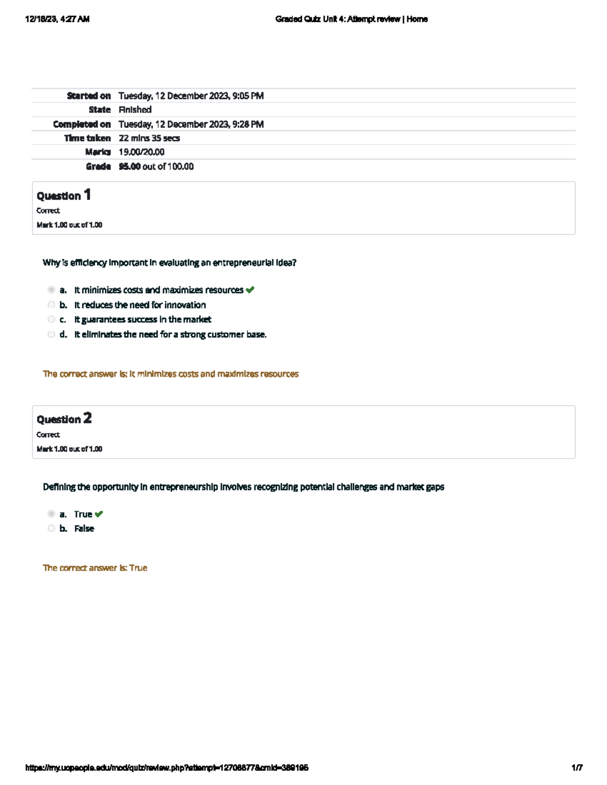 Graded quiz for entreprenuership - Studocu