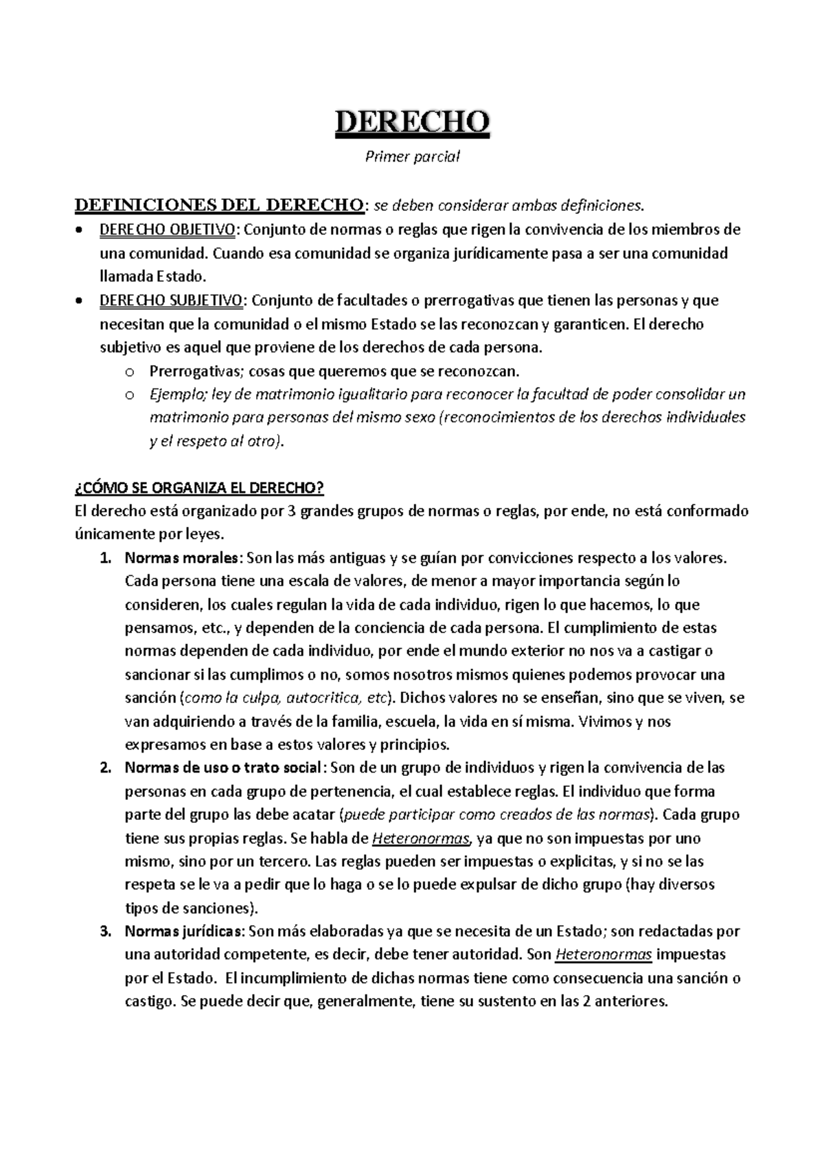 Derecho 1er Parcial - DERECHO Primer Parcial DEFINICIONES DEL DERECHO ...