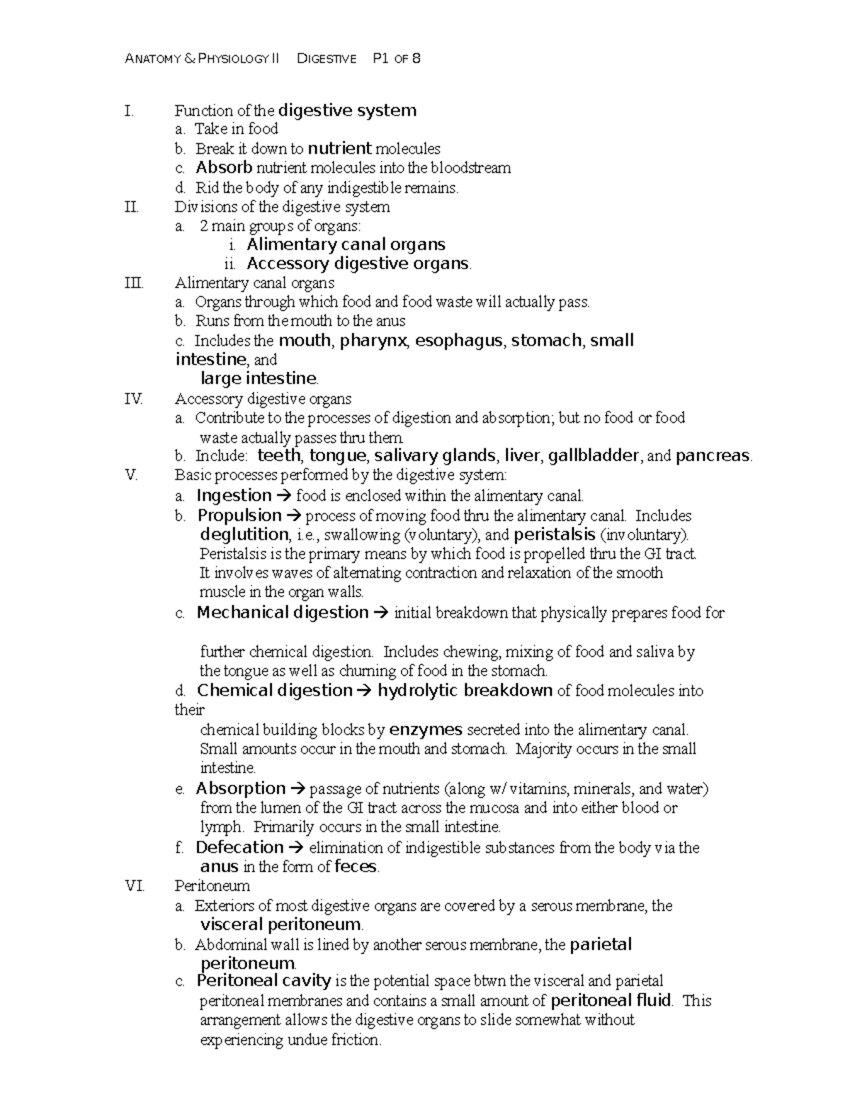 Digestion Notes - A And P 2 - ANATOMY & PHYSIOLOGY II I. II. III. IV. V ...