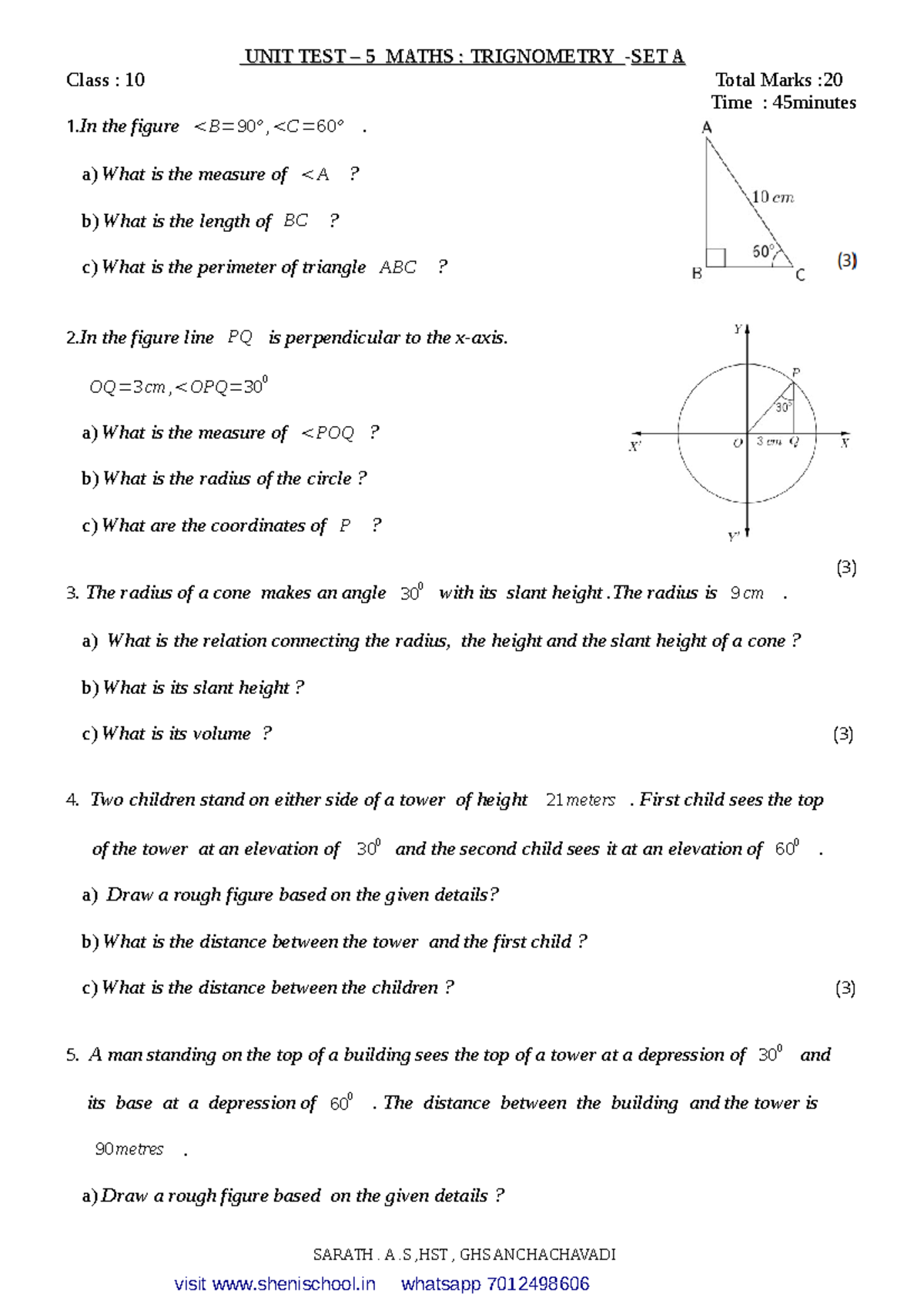 UNIT TEST - 5 Trignometry - UNIT TEST – 5 MATHS : TRIGNOMETRYUNIT TEST ...