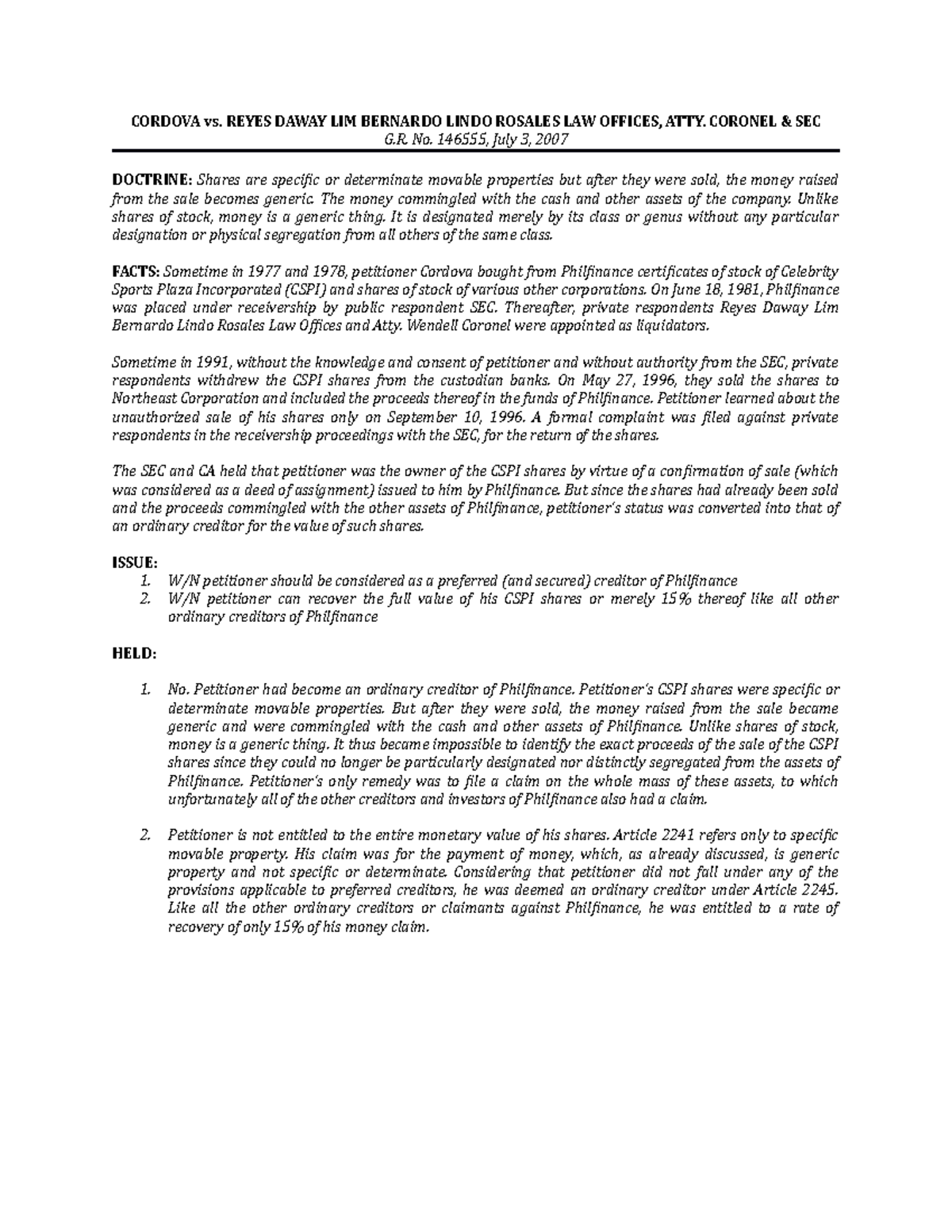 Cordova v Reyes daway lim bernardo lino rosales law offices CORDOVA vs. REYES DAWAY LIM