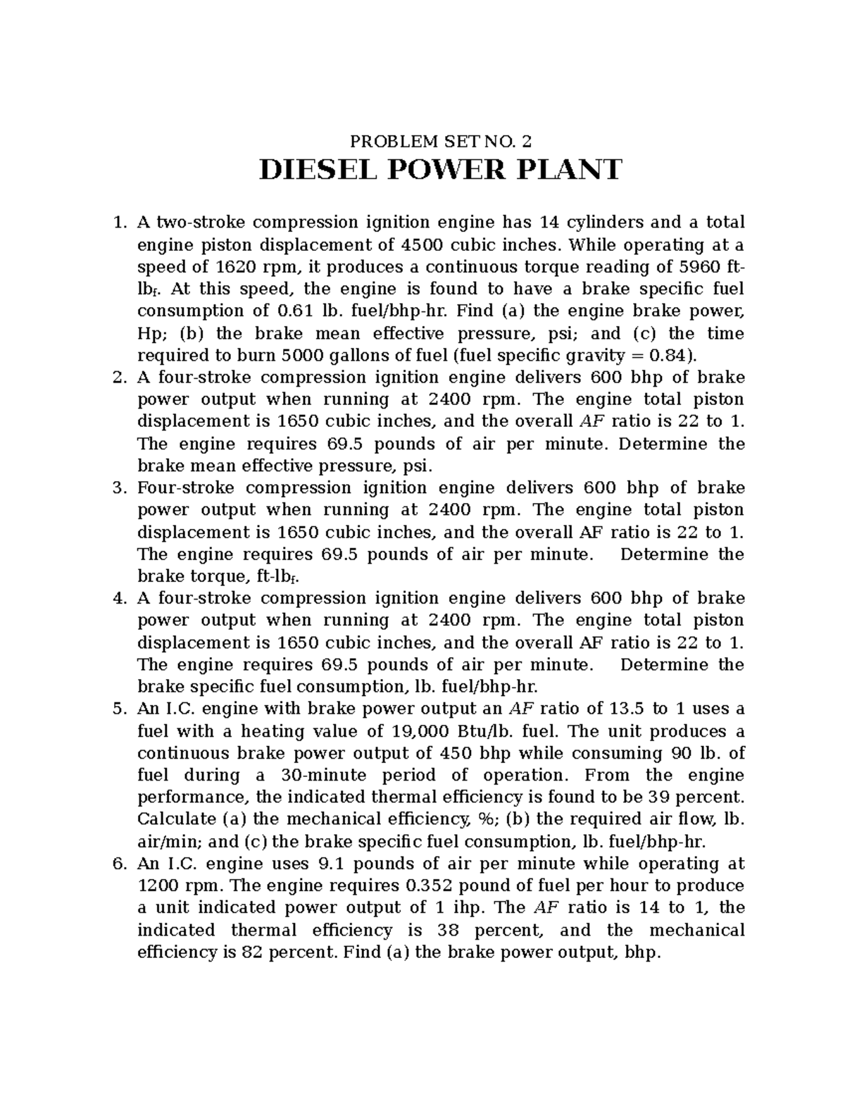 Problem SET NO. 2 ( Diesel Power Plant) - PROBLEM SET NO. 2 DIESEL ...