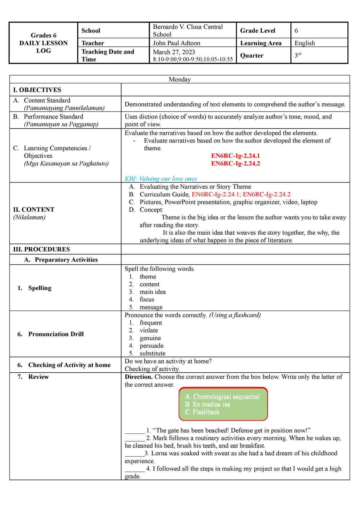 ENG6 EVAL Theme - lesson plan - Grades 6 DAILY LESSON LOG School ...