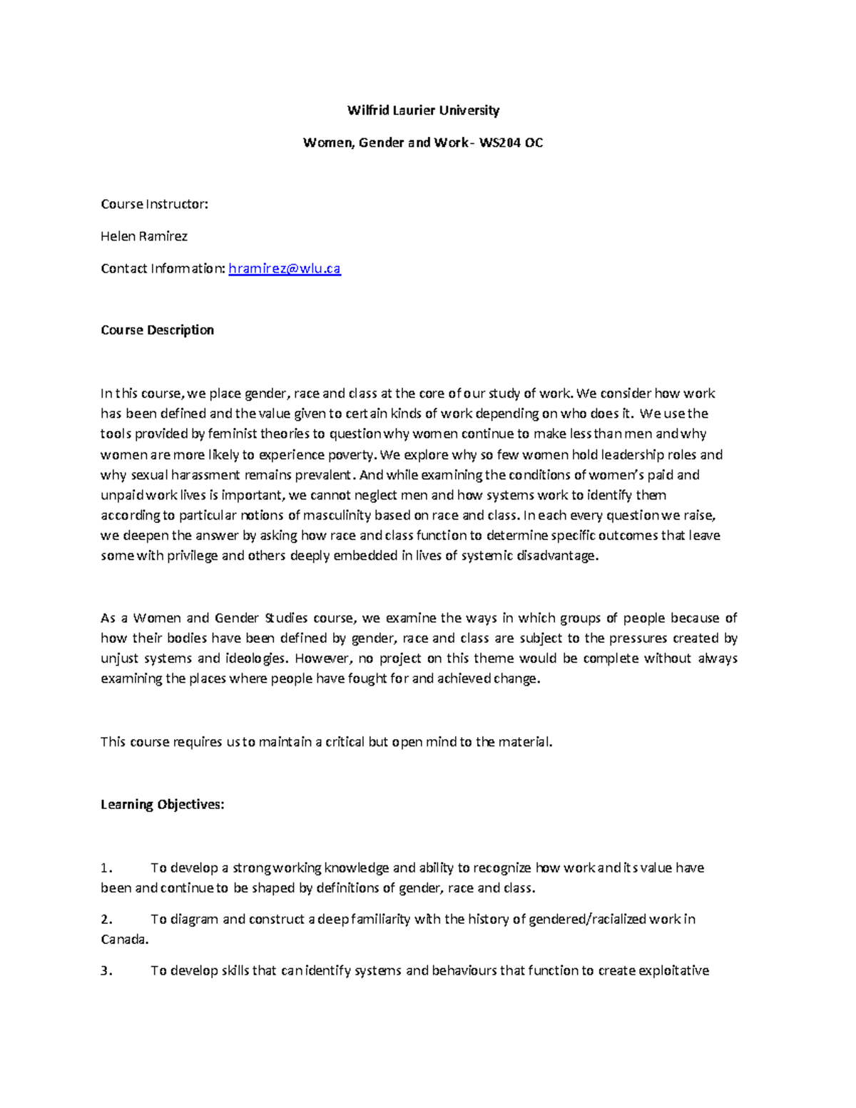 WS204 OC Syllabus - Wilfrid Laurier University Women, Gender and Work ...