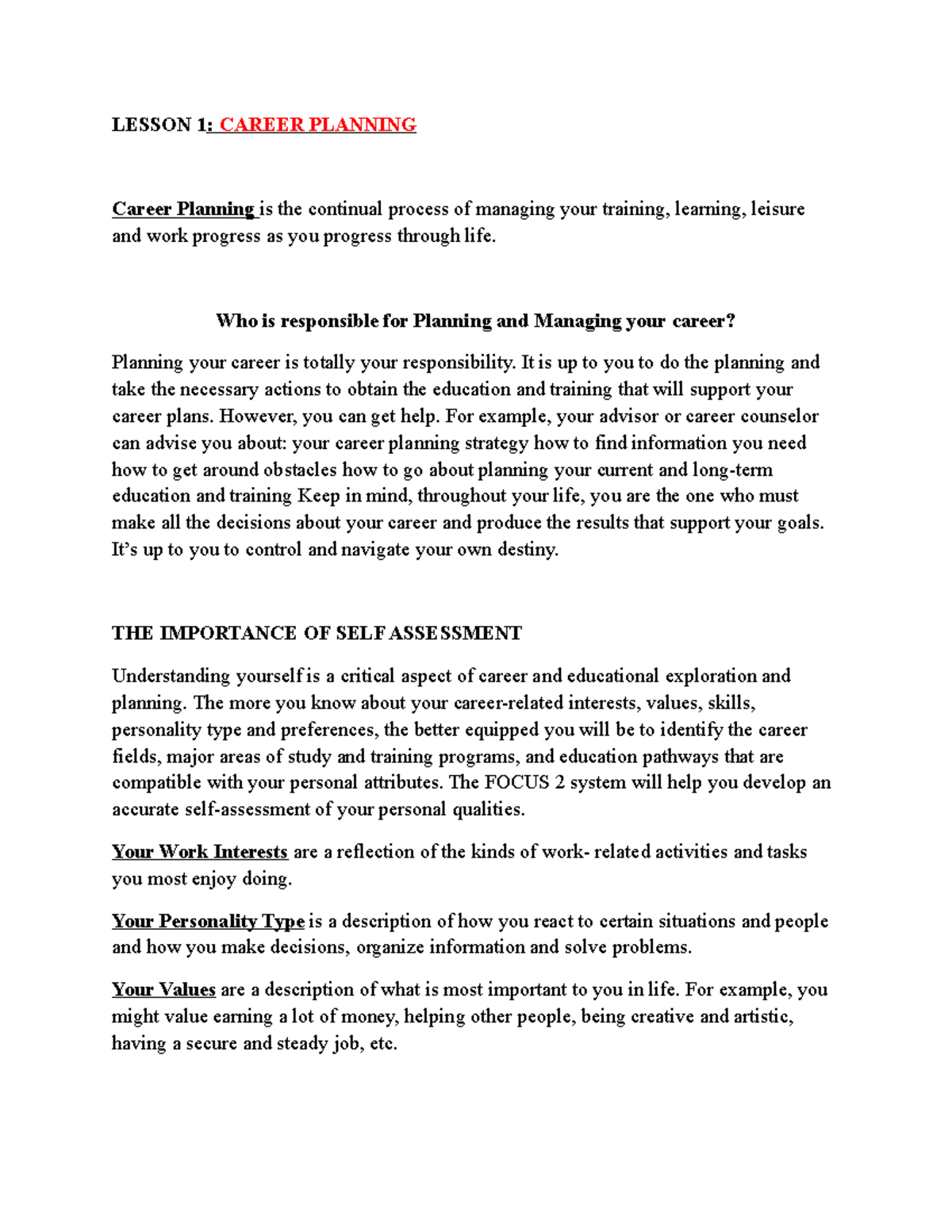 Career Planning - LESSON 1: CAREER PLANNING Career Planning is the ...