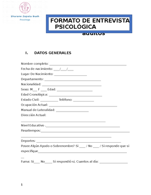 Formato de Entrevista Psicológica para Adultos - FORMATO DE ENTREVISTA  PSICOLÓGICA adultos I. DATOS - Studocu