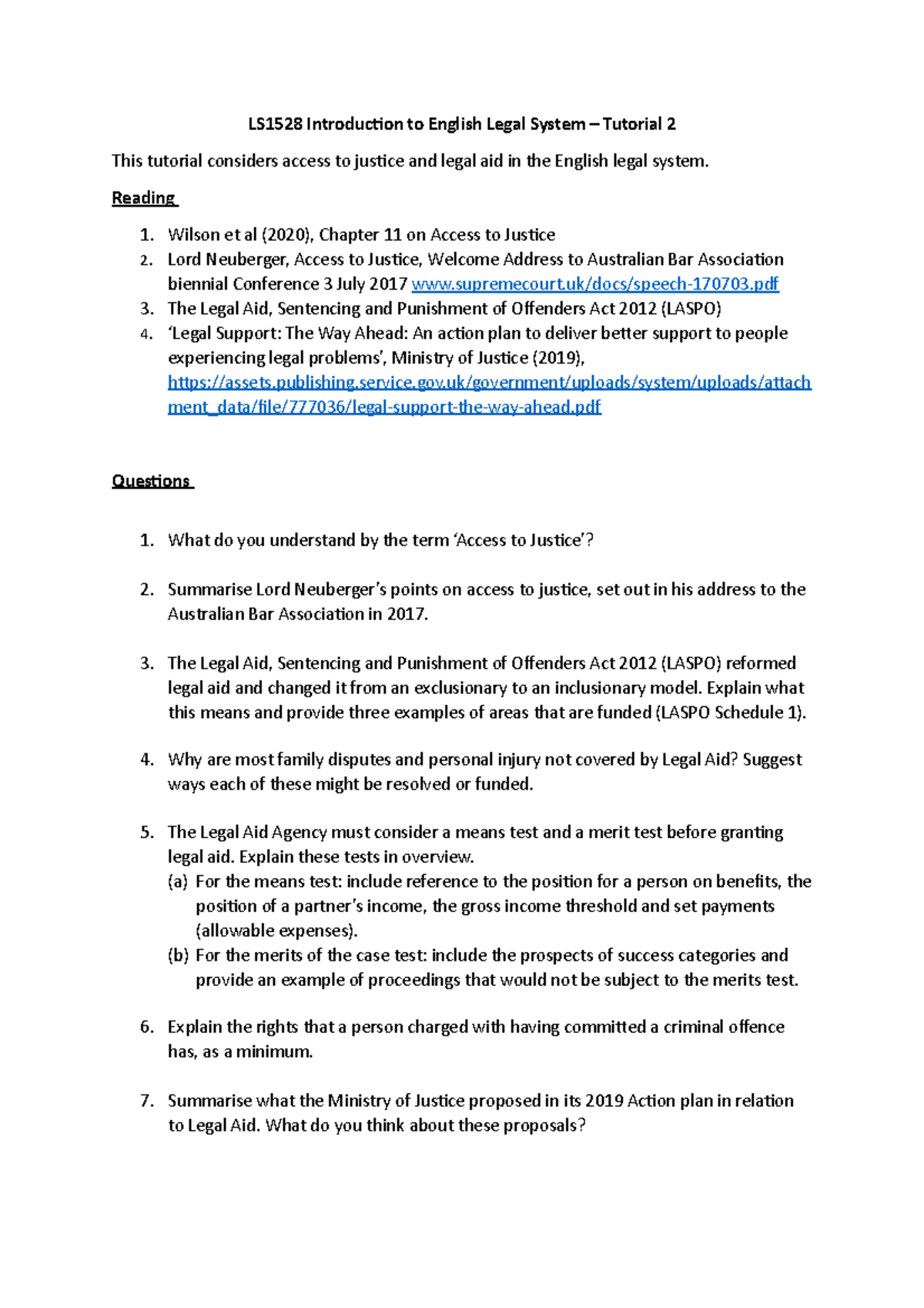 LS1528 Tutorial 2 Questions - LS1528 Introduction To English Legal ...