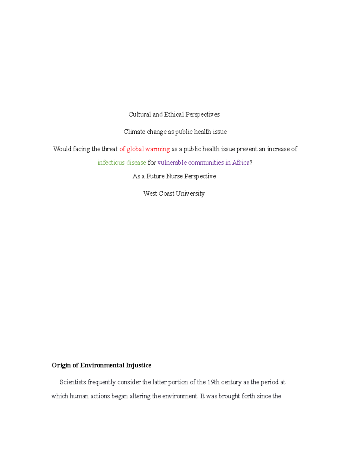 NURS 401 - Capstone - Cultural and Ethical Perspectives Climate change ...