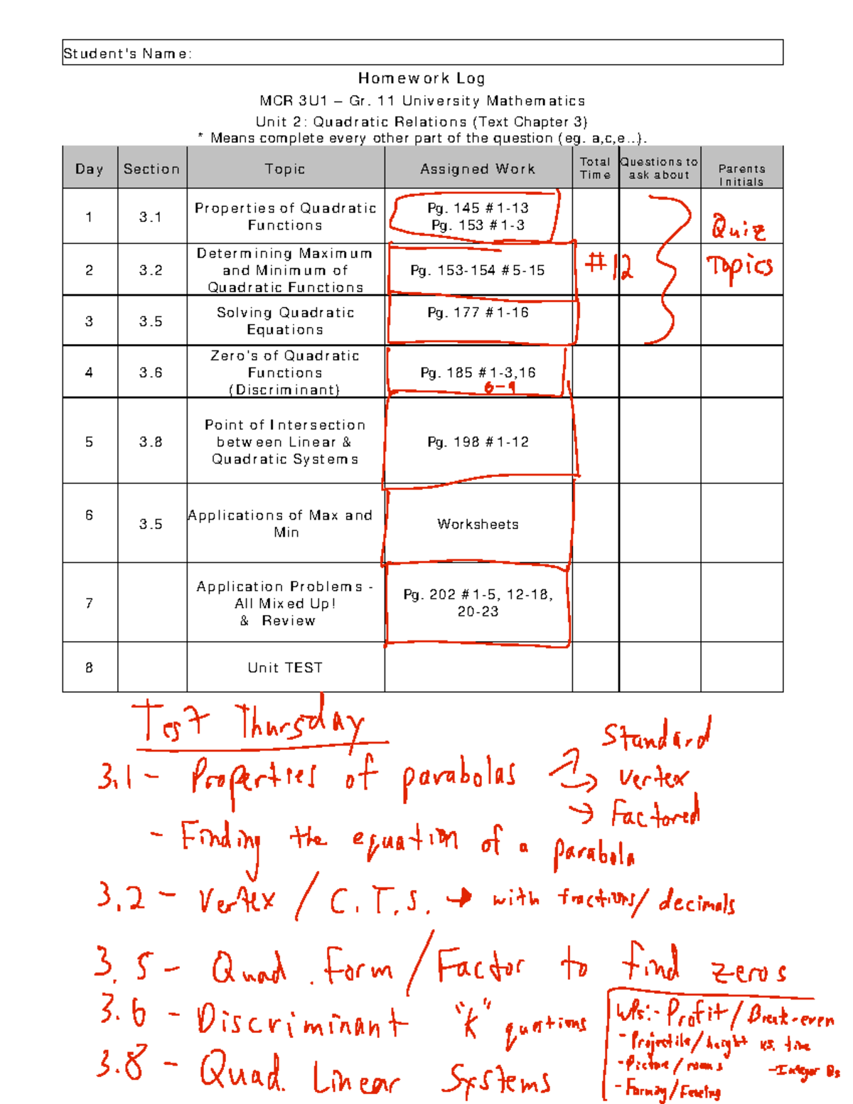 Homework Log MCR 3U1 Gr. 11 University Mathematics Unit 2: Quadratic ...