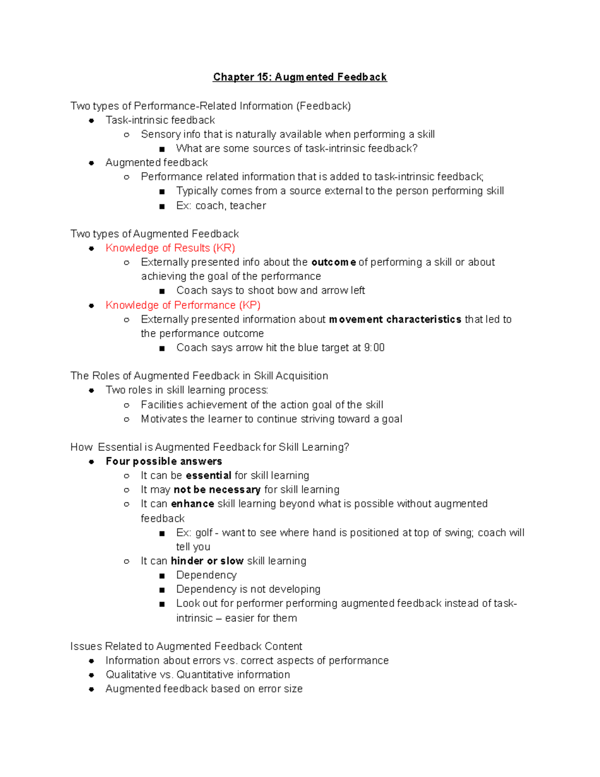 Motor Learning Chapter 15 Augmented Feedback Notes Chapter 15