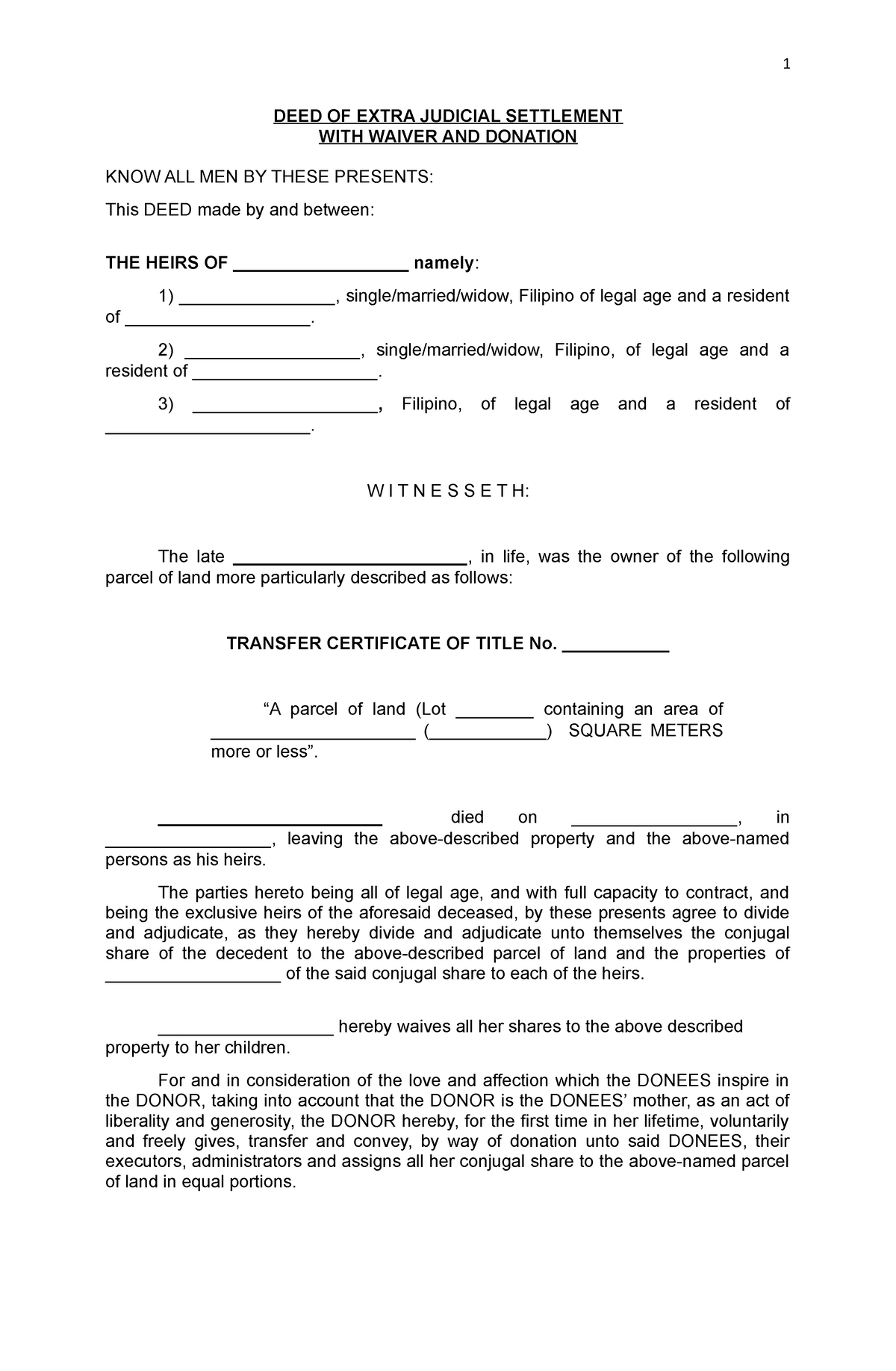 407205584 Deed of Extra Judicial Settlement With Waiver and Donation ...