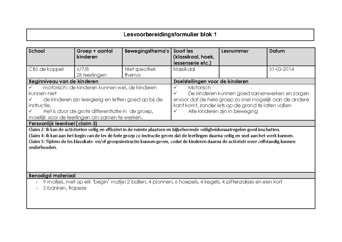 Schema voorbereiding Gymles - Lesvoorbereidingsformulier blok 1 School