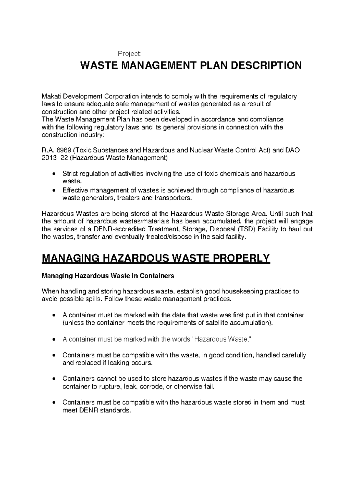 For edit - Waste Management PLAN - WASTE MANAGEMENT PLAN DESCRIPTION ...