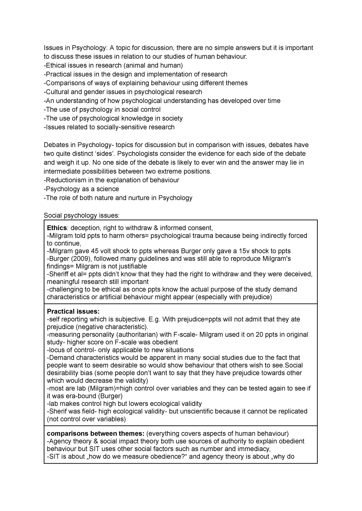 Issues and debates for paper 1 cheat sheet - Issues in Psychology: A ...