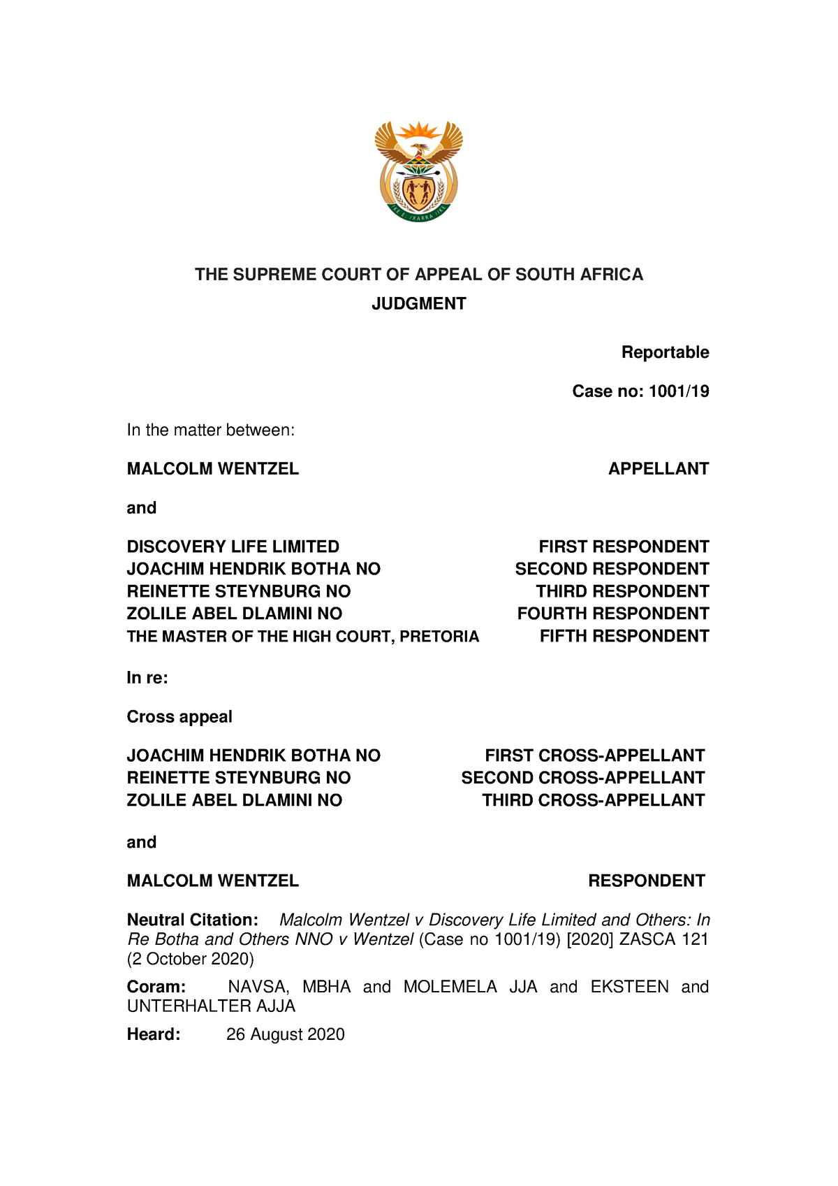 Malcolm Wentzel v Discovery Life Limited and Others - The date and time ...