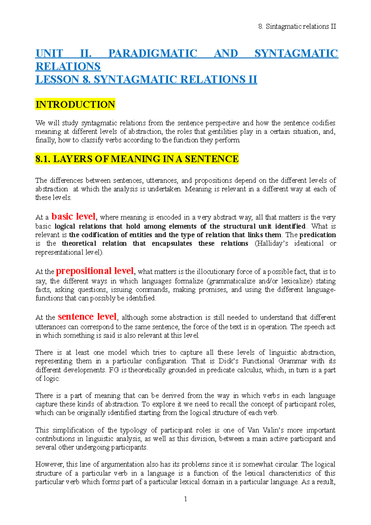 54045794- Resumen+ Lesson+8 - UNIT II. PARADIGMATIC AND SYNTAGMATIC ...