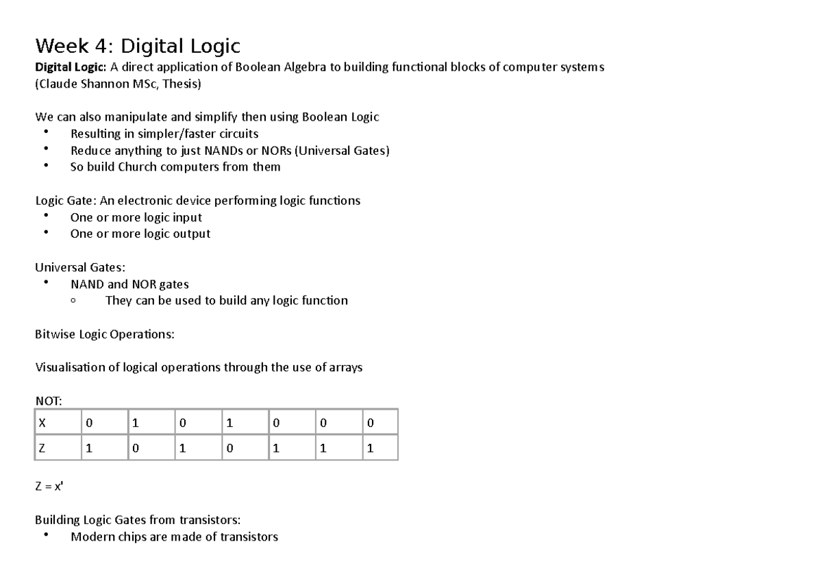 CA Week 4 Digital Logic - Dr. Charles Fox - Week 4: Digital Logic ...