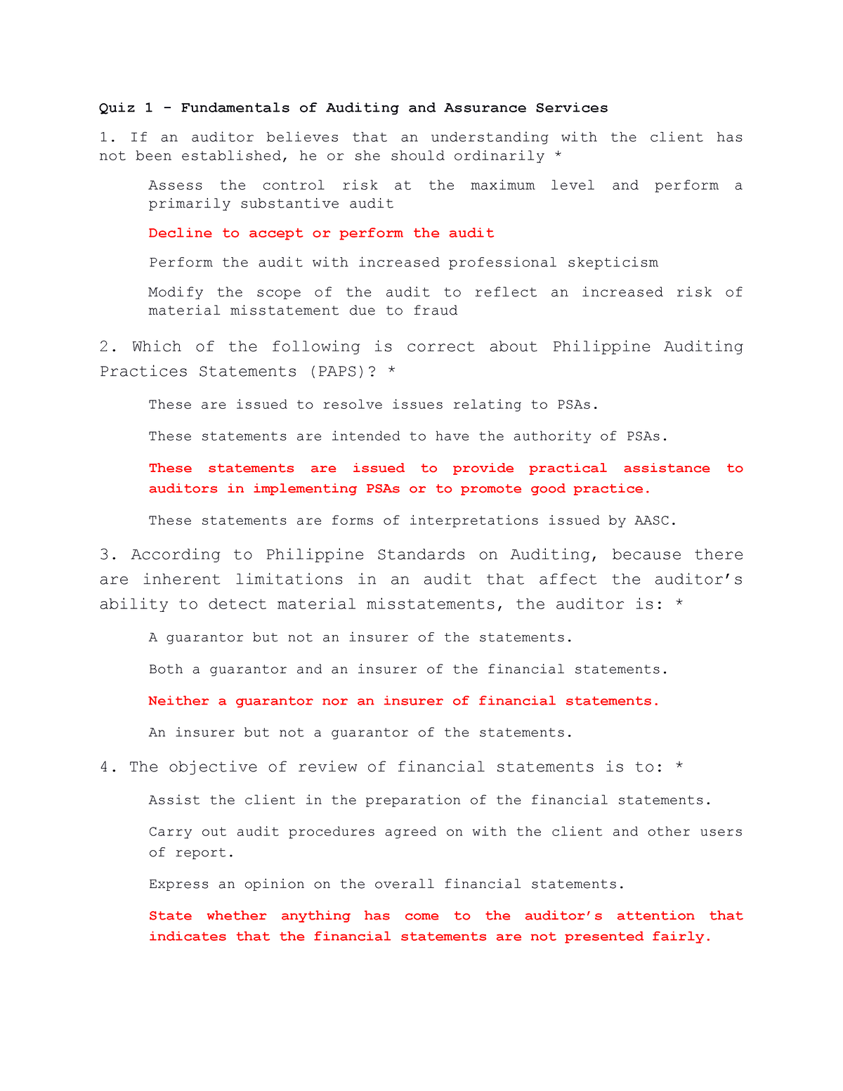 Quiz 1-FUNDAMENTALS OF AUDITING AND ASSURANCE - Quiz 1 - Fundamentals ...