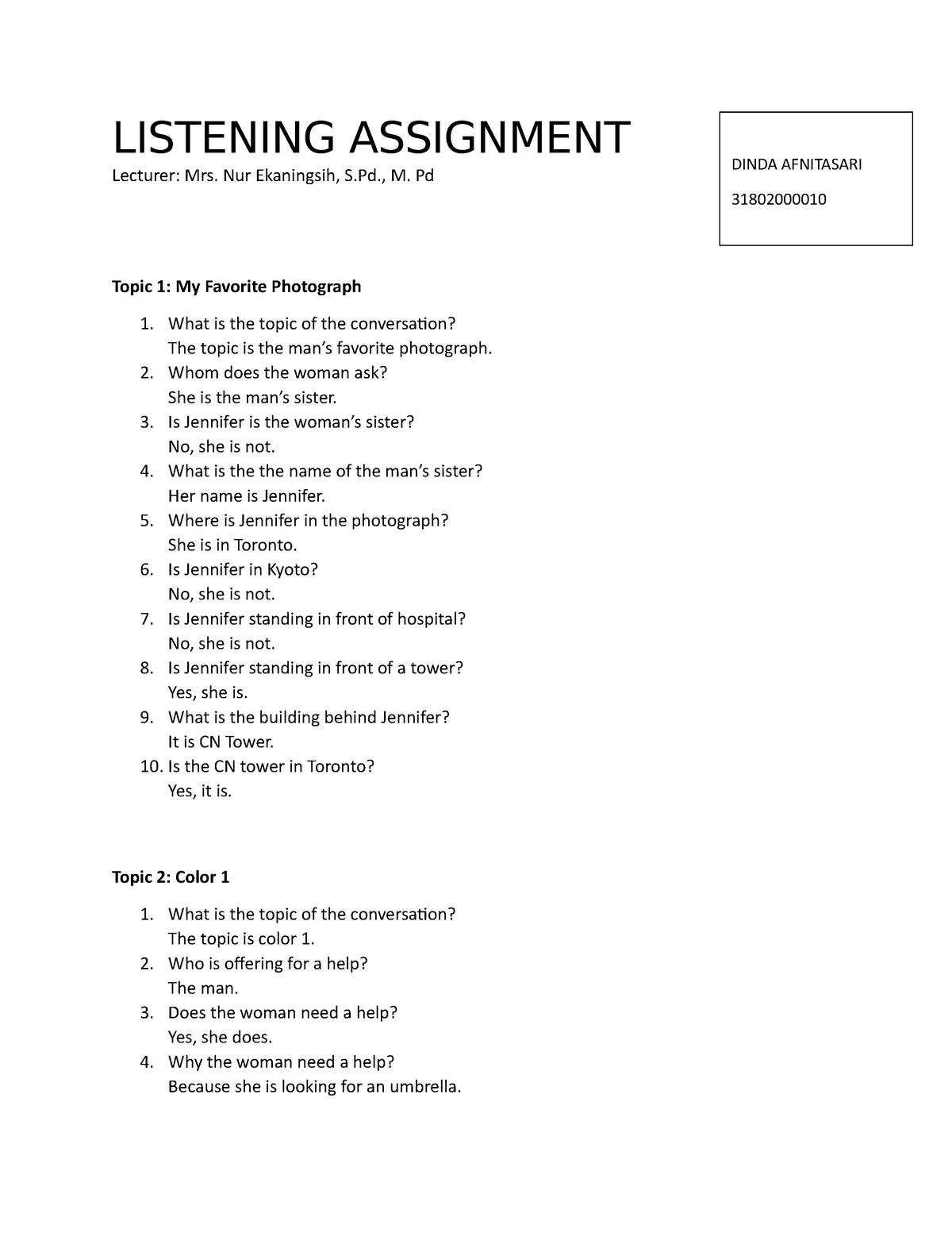 assignment plan listening answers