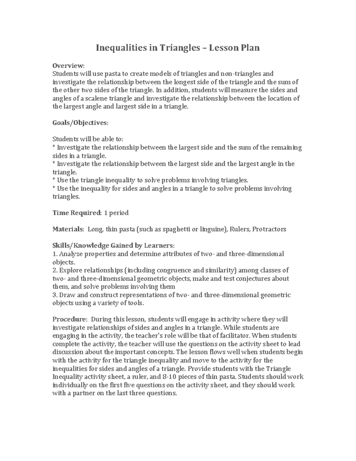 Inequalities in Triangles Lesson Plan Overview Inequalities in