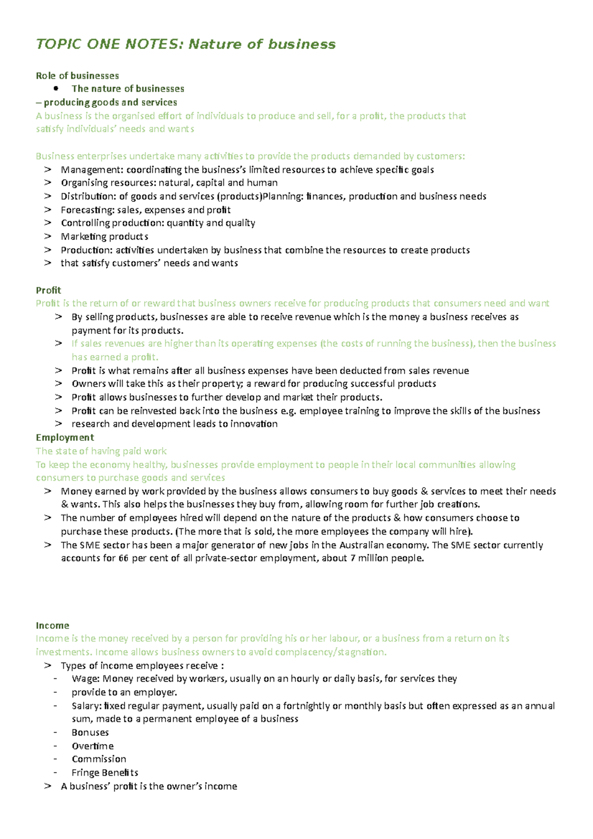Topic 1 - nature of business - TOPIC ONE NOTES: Nature of business Role ...