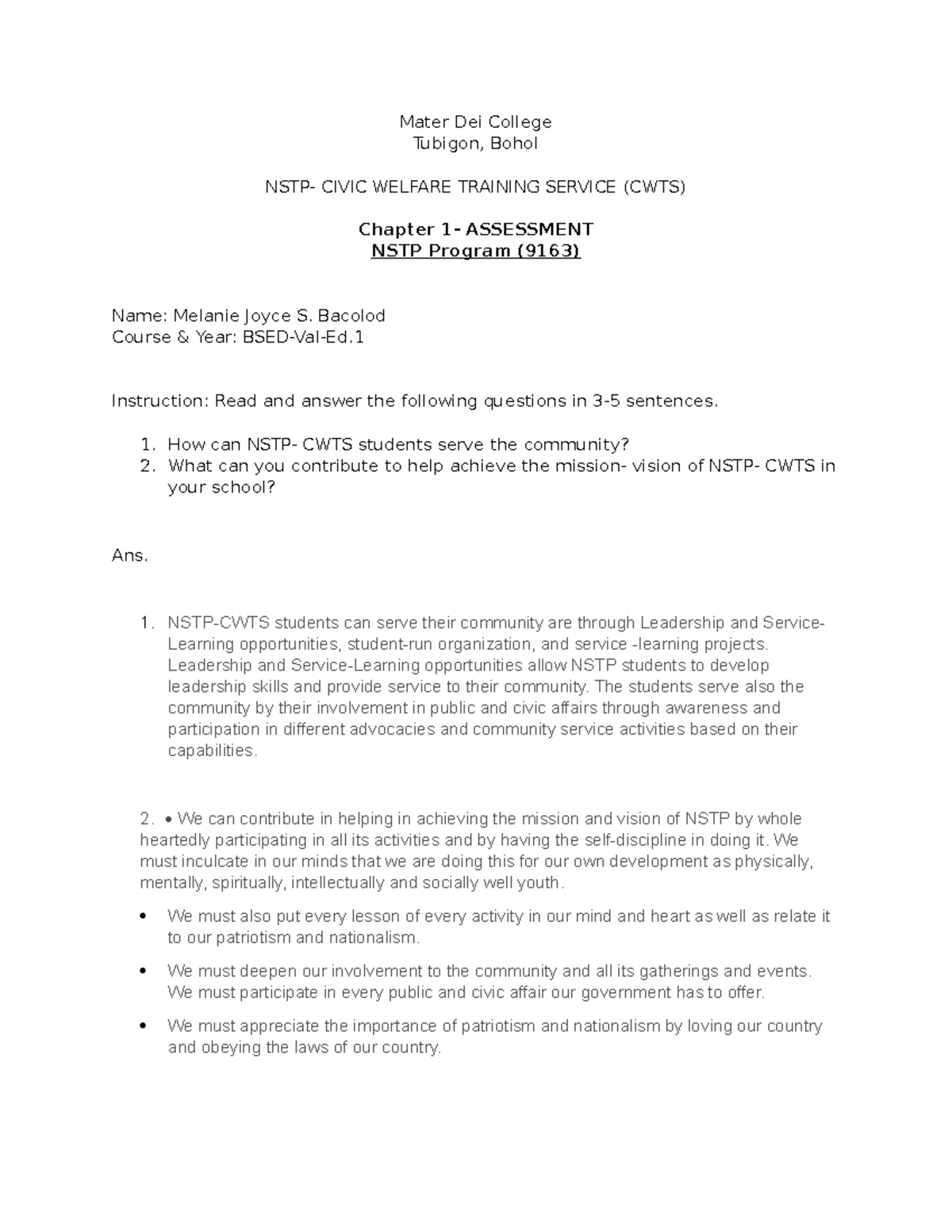 Assessment - nothing - Mater Dei College Tubigon, Bohol NSTP- CIVIC ...