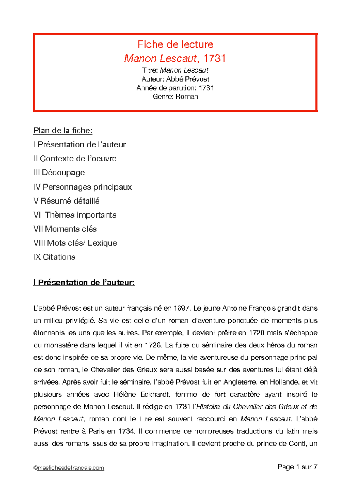 Fiche de lecture manon lescaut - Plan de la fiche: I Présentation de l ...