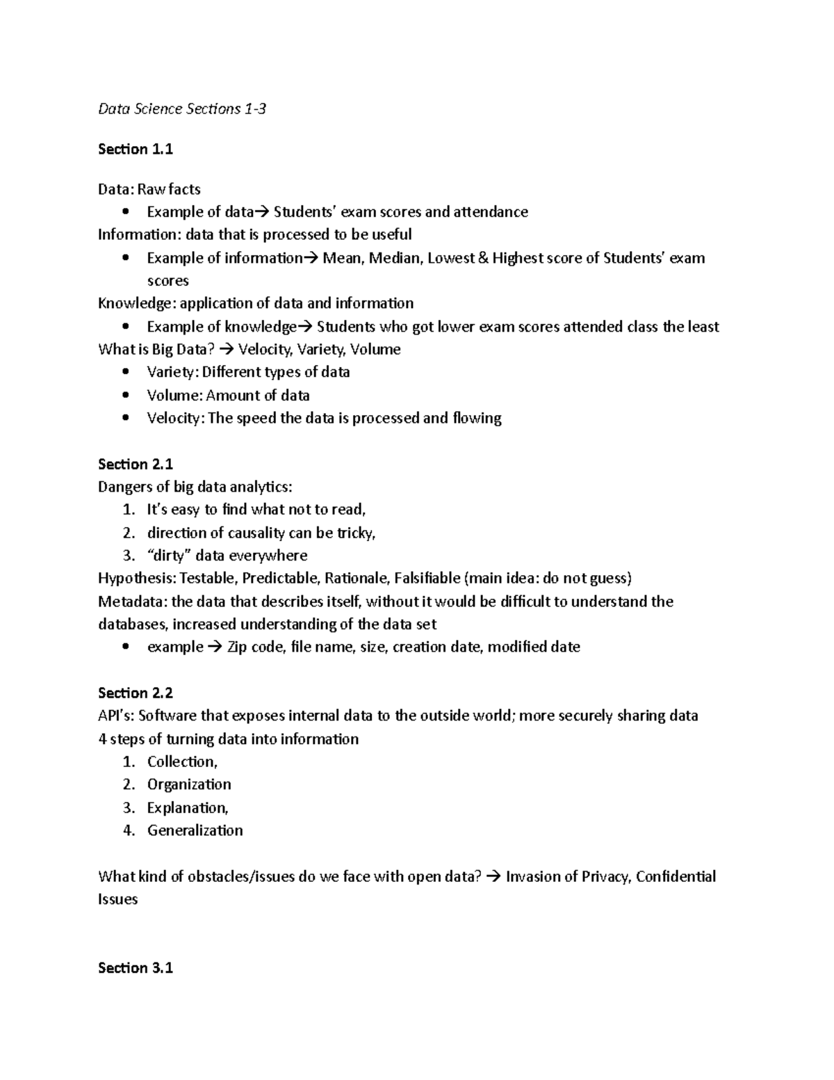 Data Science Exam 1 Review Notes - Data Science Sections 1- Section 1 ...