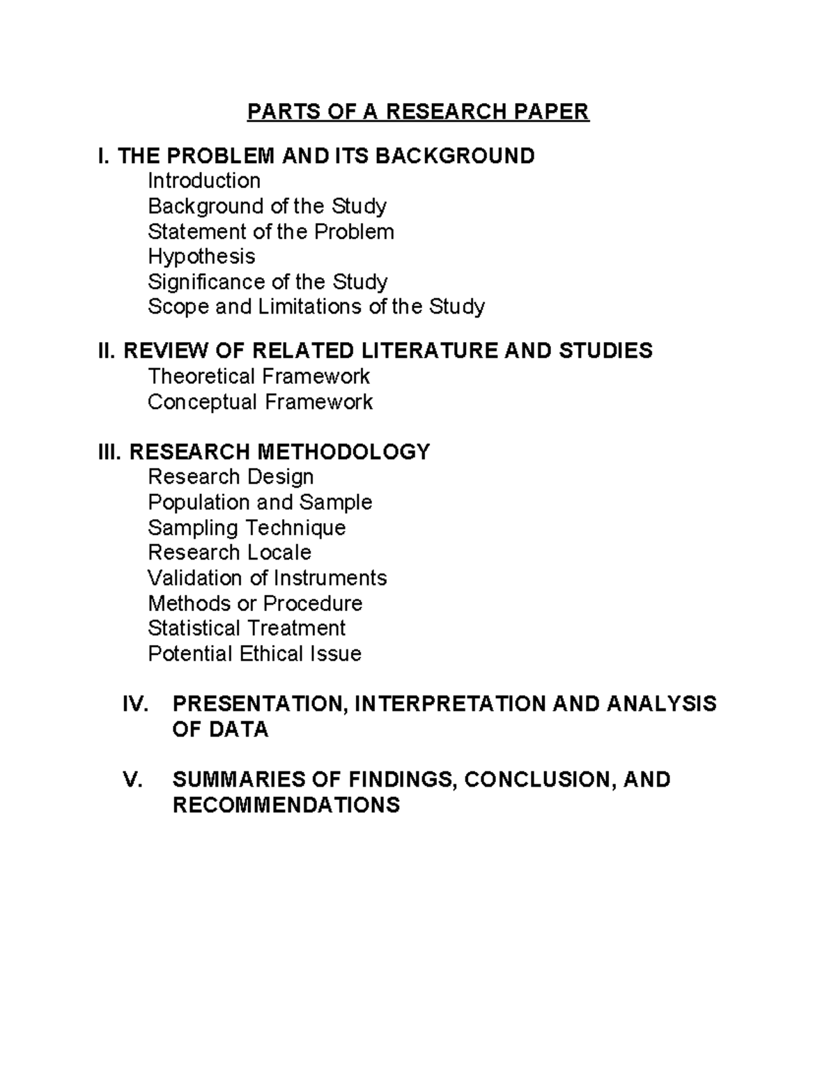 Parts Of A Research Paper Parts Of A Research Paper I The Problem And Its Background 1365