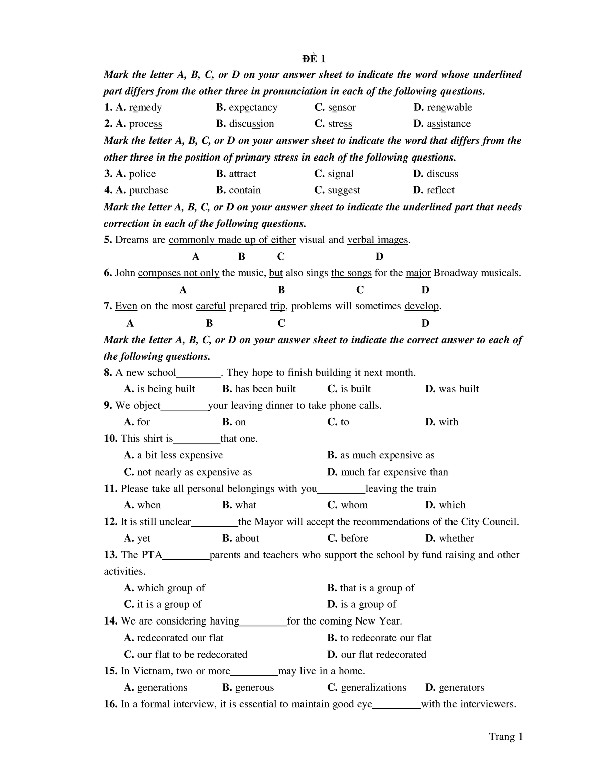 10 đề ôn Tập Thptqg - ĐỀ 1 Mark The Letter A, B, C, Or D On Your Answer ...