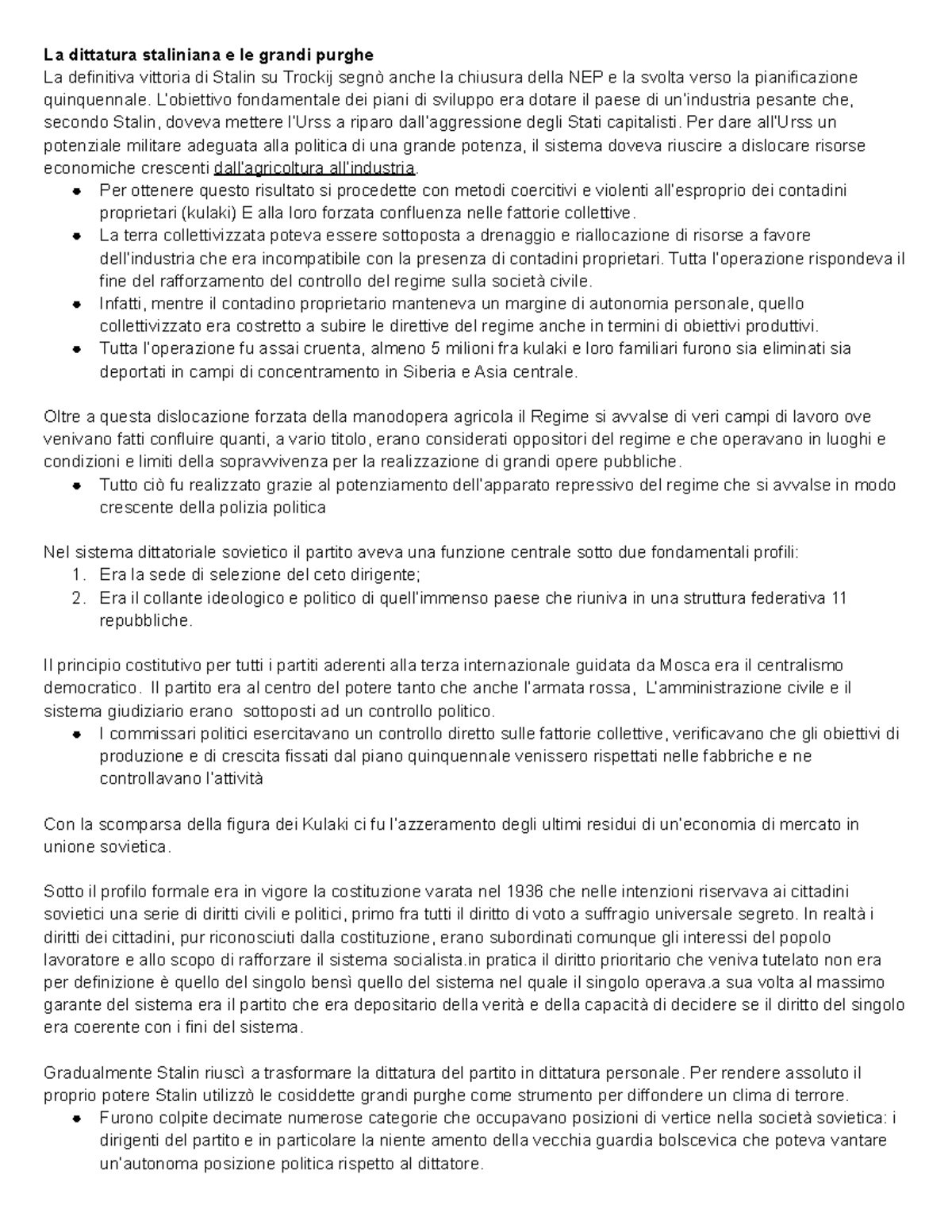 La dittatura staliniana e le grandi purghe L’obiettivo fondamentale
